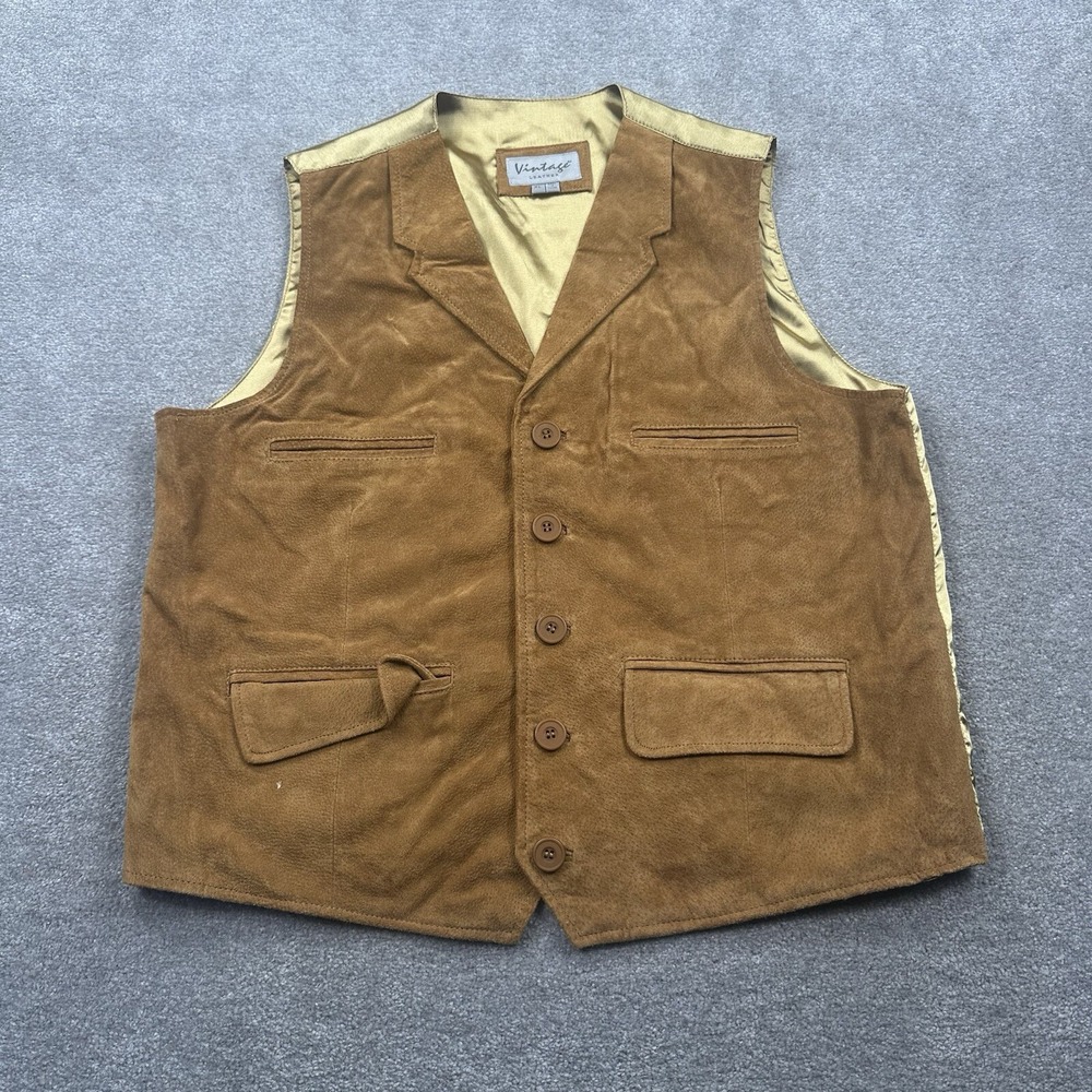 Vintage Leather Vest Button Up Size XL Brown Shiny Back